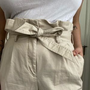khaki cropped paper bag tie waist trousers